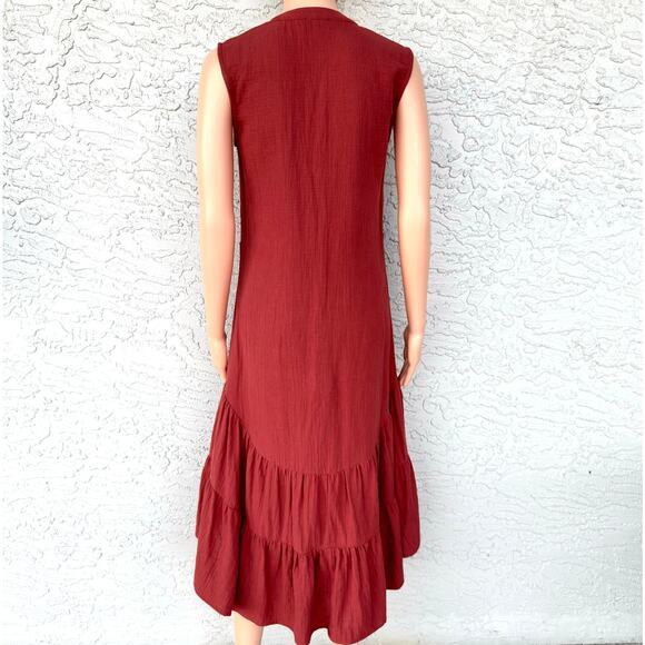 Drew XS Cotton Gauze Midi Shirt Dress Rust Tiered High Low Button Front Boho - Picture 7 of 12